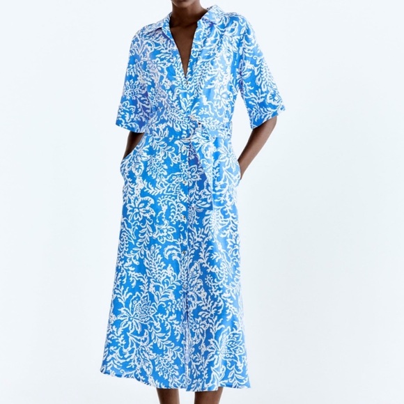 NWT Zara Blue and White Floral Linen Blend Dress - Picture 2 of 9